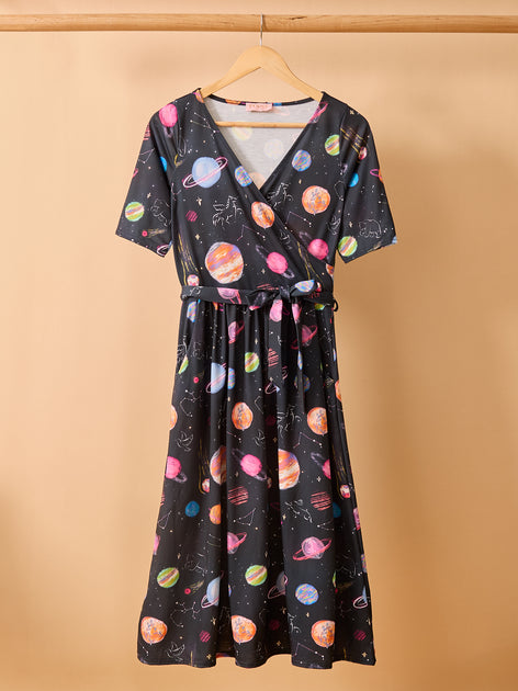 Adhara Pastel Planets Print Midi Dress