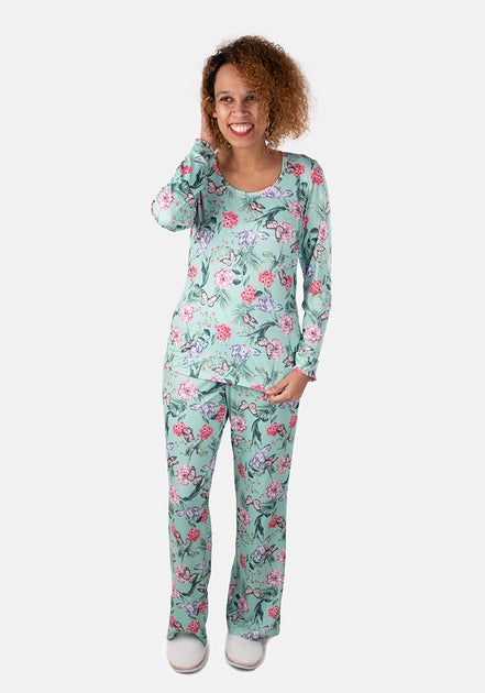 Elly Green Floral Butterfly Print Pyjama Set