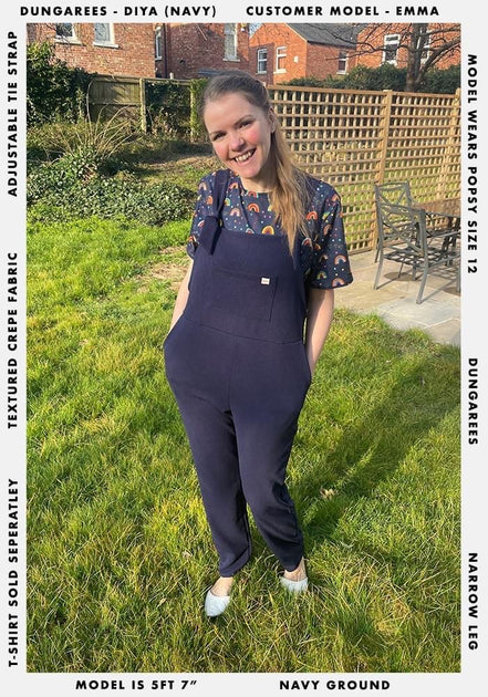 Navy Textured Linen Dungarees, Women's Clothing