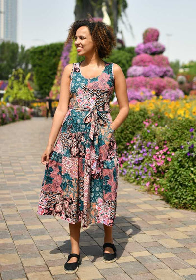 Vita Boho Patchwork Sleeveless Tiered Hem Cotton Midi Dress