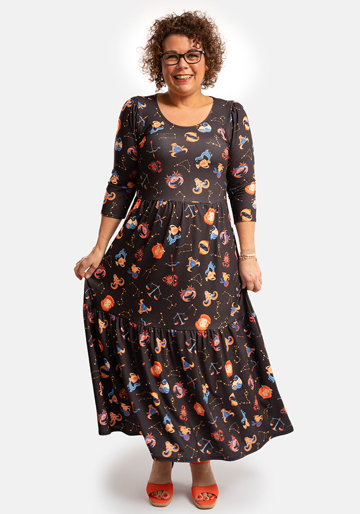 Arly Astrology Print Tiered Hem Midaxi Dress