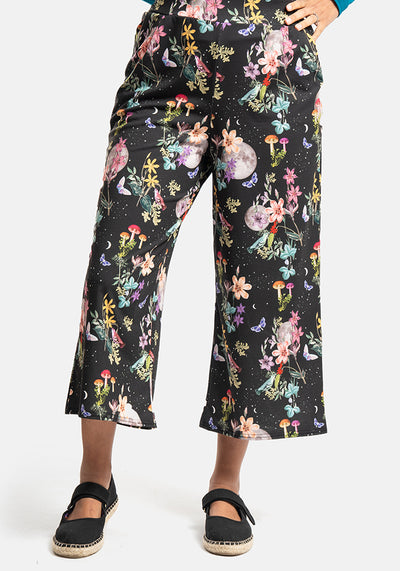 Amari  Midnight Botanical Print Pull On Wide Leg Culotte Trouser