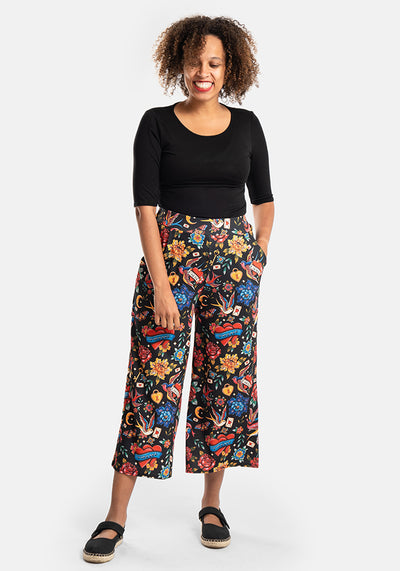 Amari Tattoo Print Pull On Wide Leg Culotte Trouser