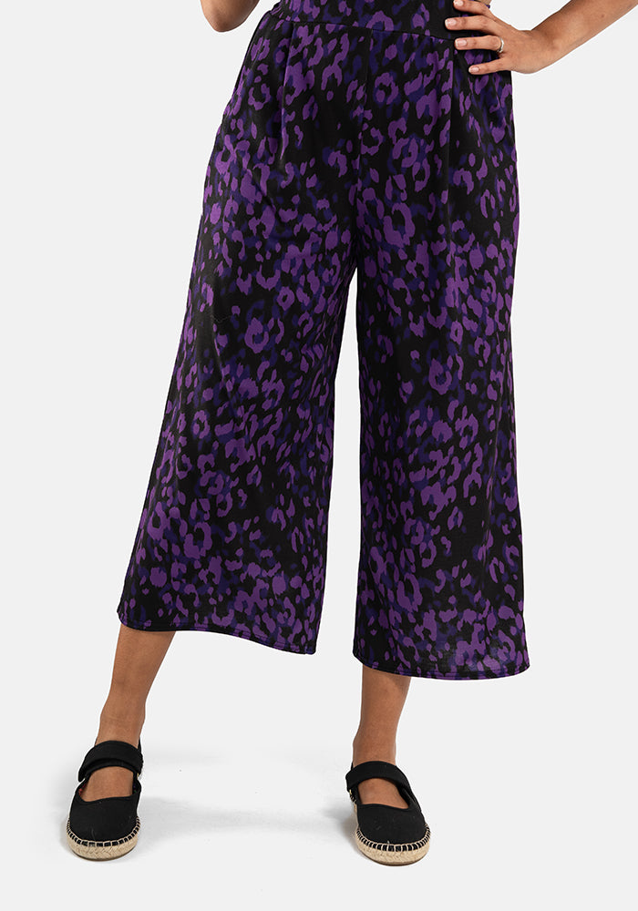 Amari Purple Animal Print Pull On Wide Leg Culotte Trouser