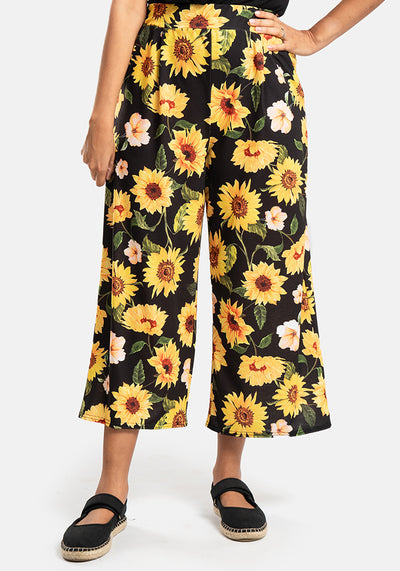 Amari Large Sunflower Print Pull On Wide Leg Culotte Trouser