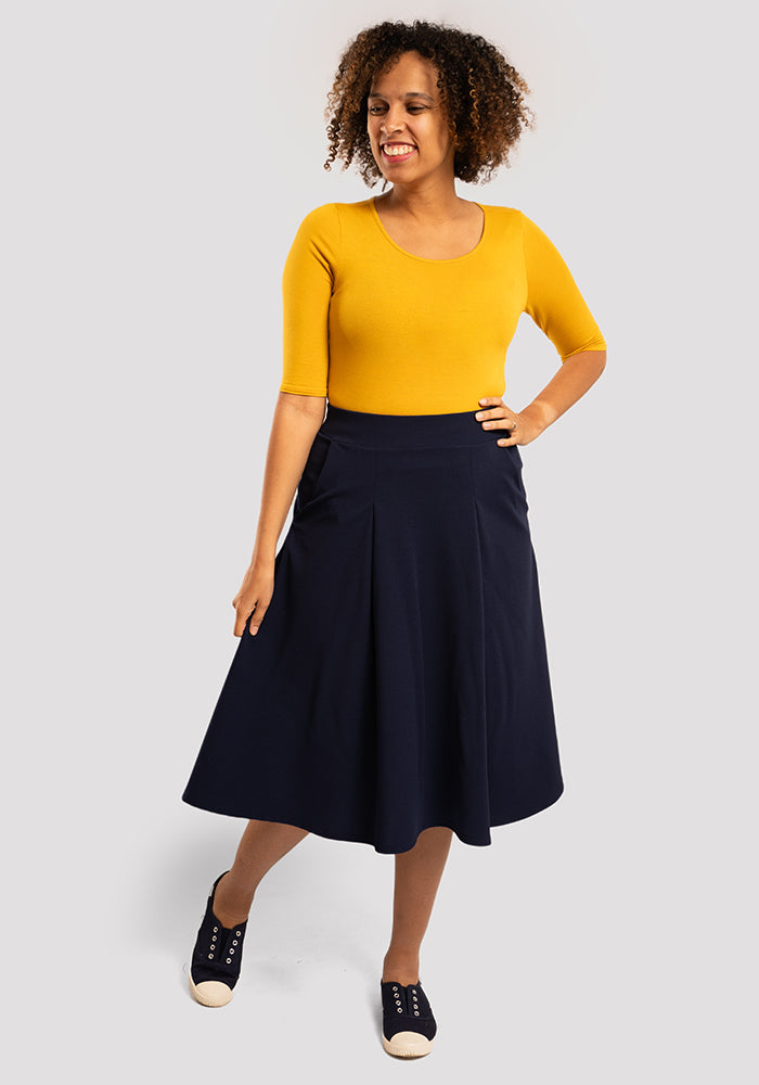 Ann Navy Vintage Box Pleat Swing Skirt