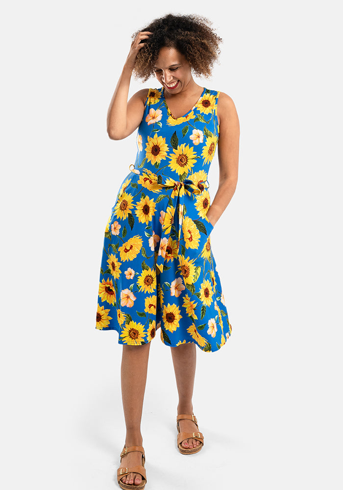 Azzurra Blue Sunflower Print Cotton Dress