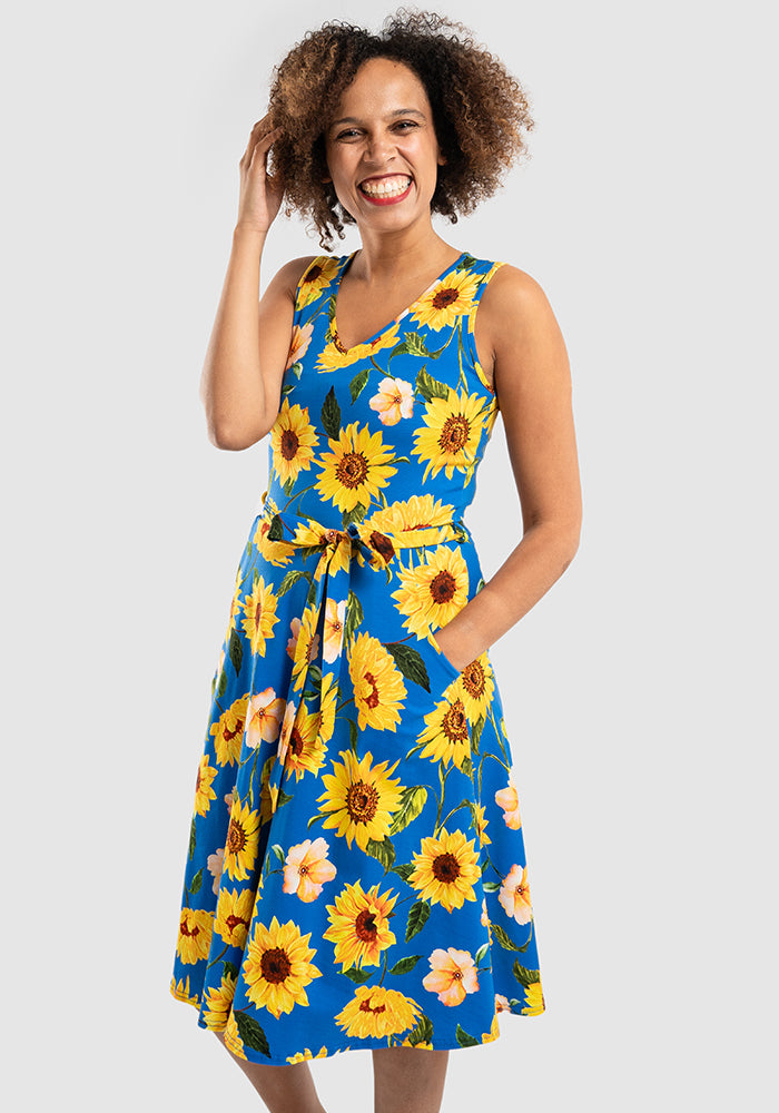 Azzurra Blue Sunflower Print Cotton Dress