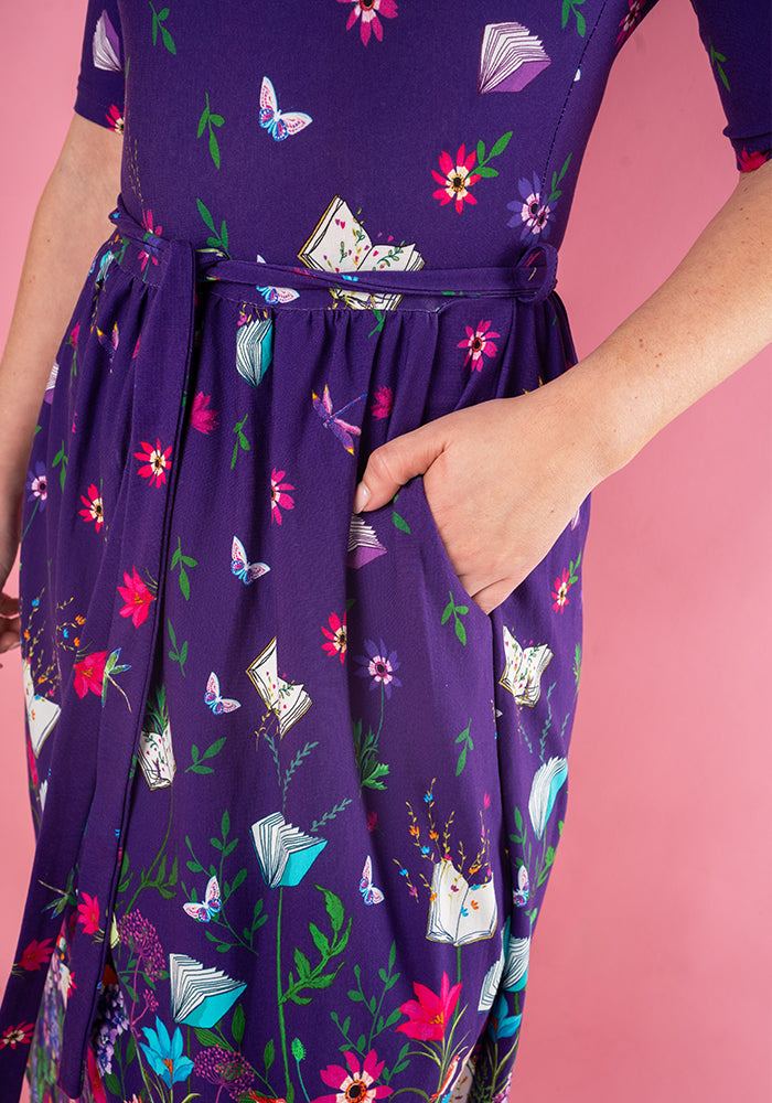 Bronte Purple Book Border Print Cotton Midi Dress