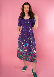 Bronte Purple Book Border Print Cotton Midi Dress