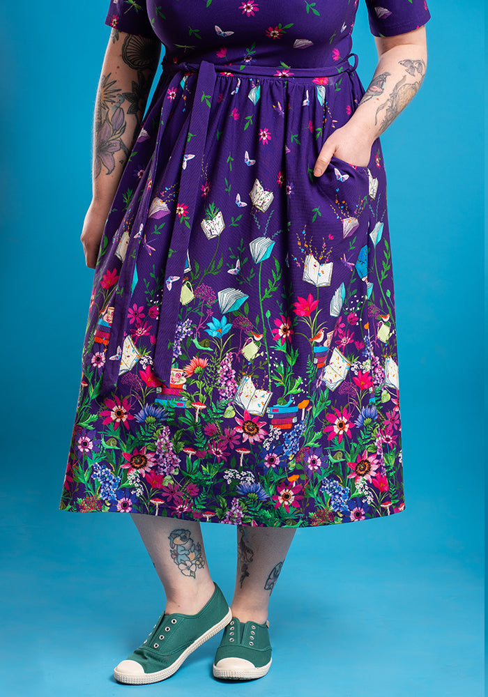 Bronte Purple Book Border Print Cotton Midi Dress