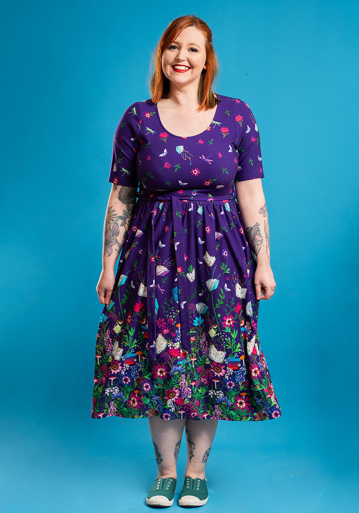 Bronte Purple Book Border Print Cotton Midi Dress