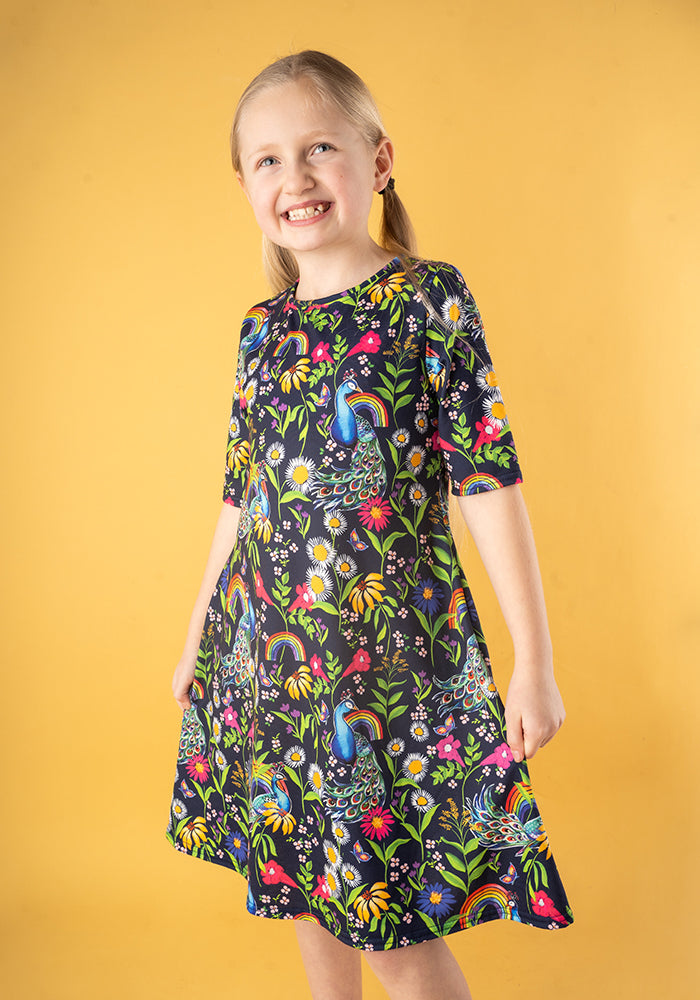 Children's Peacock Rainbow Print Dress (Avah)