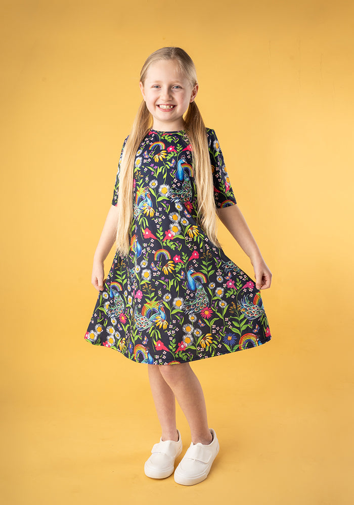 Children's Peacock Rainbow Print Dress (Avah)