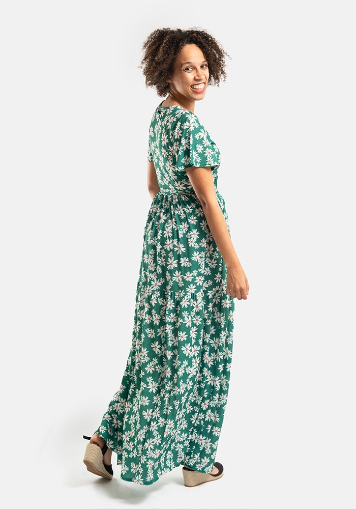 Clora Green Ditsy Print Tiered Hem Maxi Dress