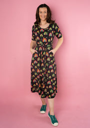 Delina Rainbow Print Tie Waist Viscose Midi Dress