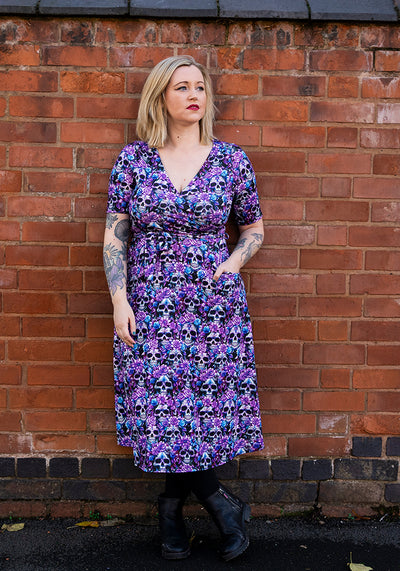 Dexter Purple Floral Skull Print Midi Dress