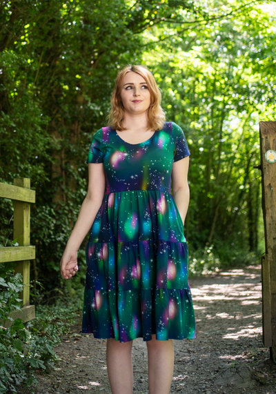 Stelara Galaxy Print Tiered Hem Cotton Dress