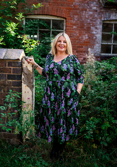 Farley Purple Floral & Fern Leaf Tiered Hem Cotton Midi Dress