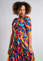 Hadleigh Retro Rainbow Print Midi Dress