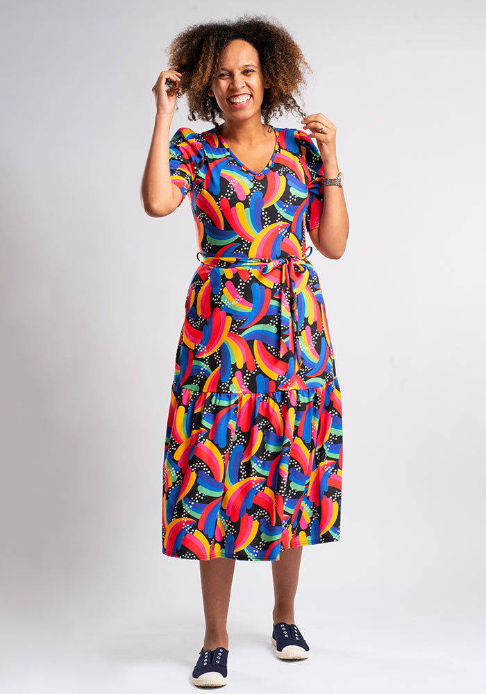 Hadleigh Retro Rainbow Print Midi Dress