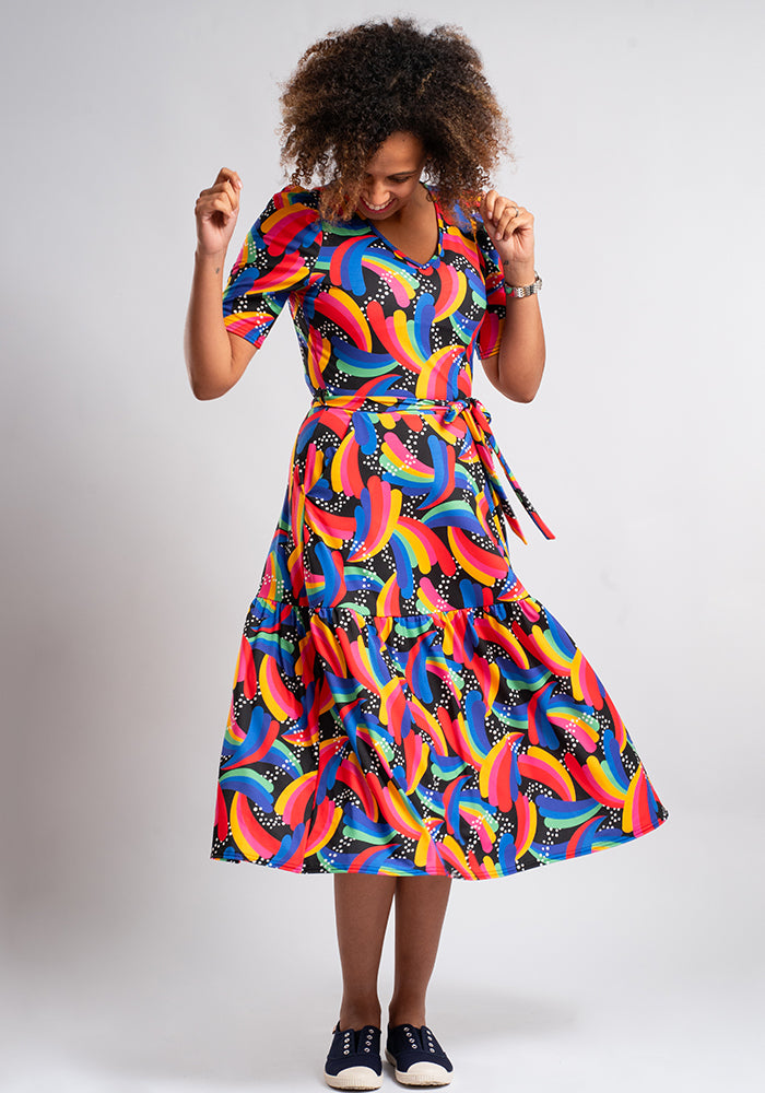 Hadleigh Retro Rainbow Print Midi Dress