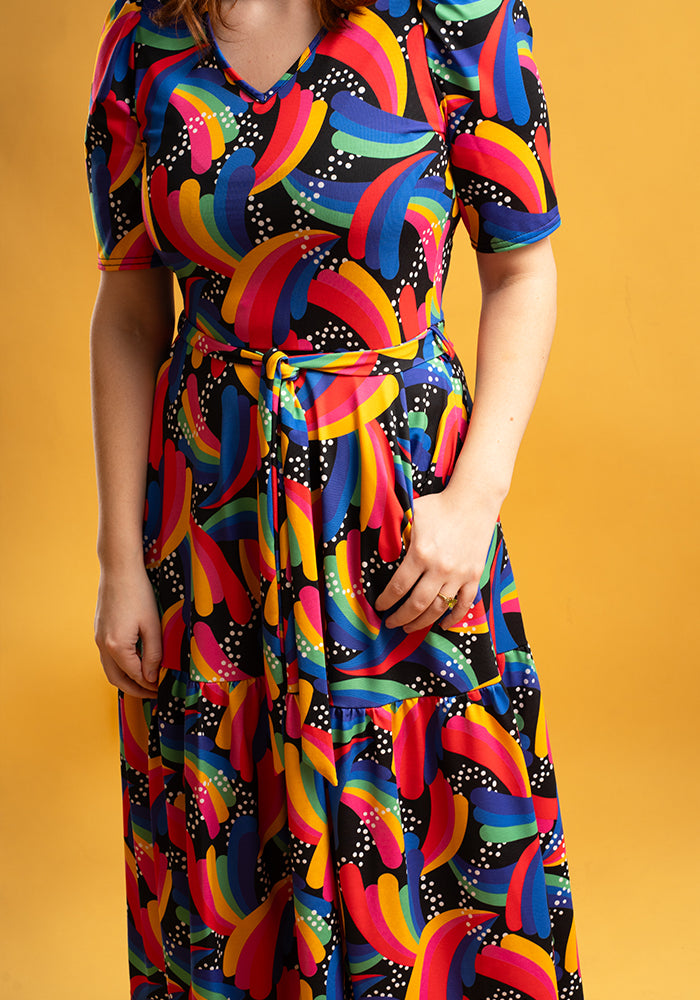 Hadleigh Retro Rainbow Print Midi Dress