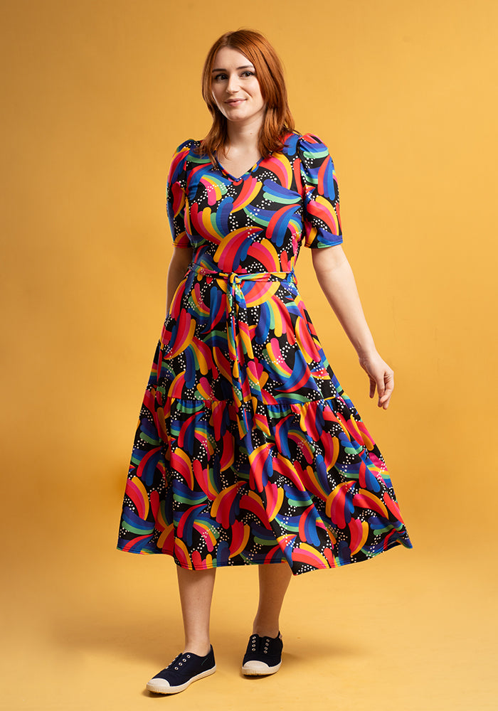 Hadleigh Retro Rainbow Print Midi Dress