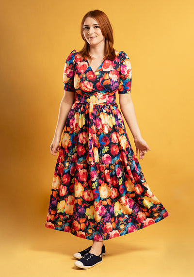 Jules Bright Blurred Floral Print Tiered Hem Midaxi Dress