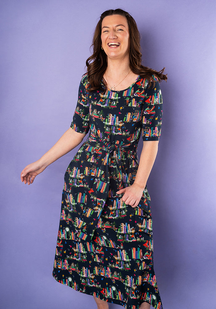 Juliana Fairytale Bookshelf Print Cotton Midi Dress