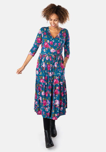 Keren Floral Print Tiered Hem Viscose Midi Dress – Popsy Clothing