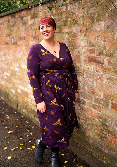 Laine Purple Pheasant Print Cotton Midi Dress