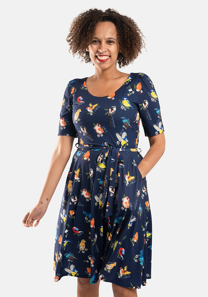 Leonora Birds Print Full Skirt Dress