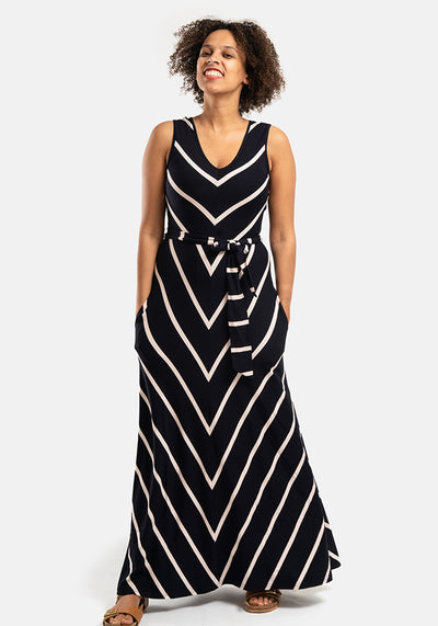 Maria Navy & Light Pink Chevron Maxi Dress