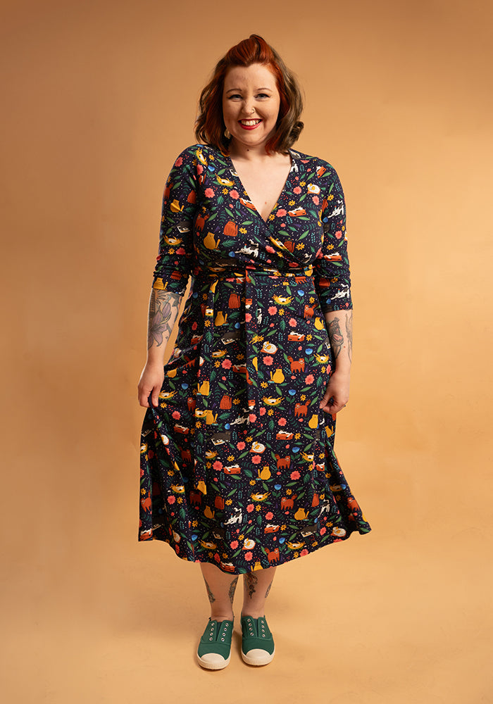 Marjorie Cat Garden Print Cotton Midi Dress