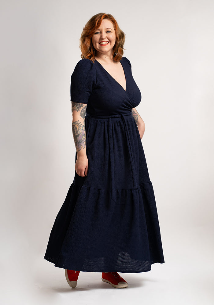 Miles Plain Navy Crinkle Tiered Hem Midaxi Dress