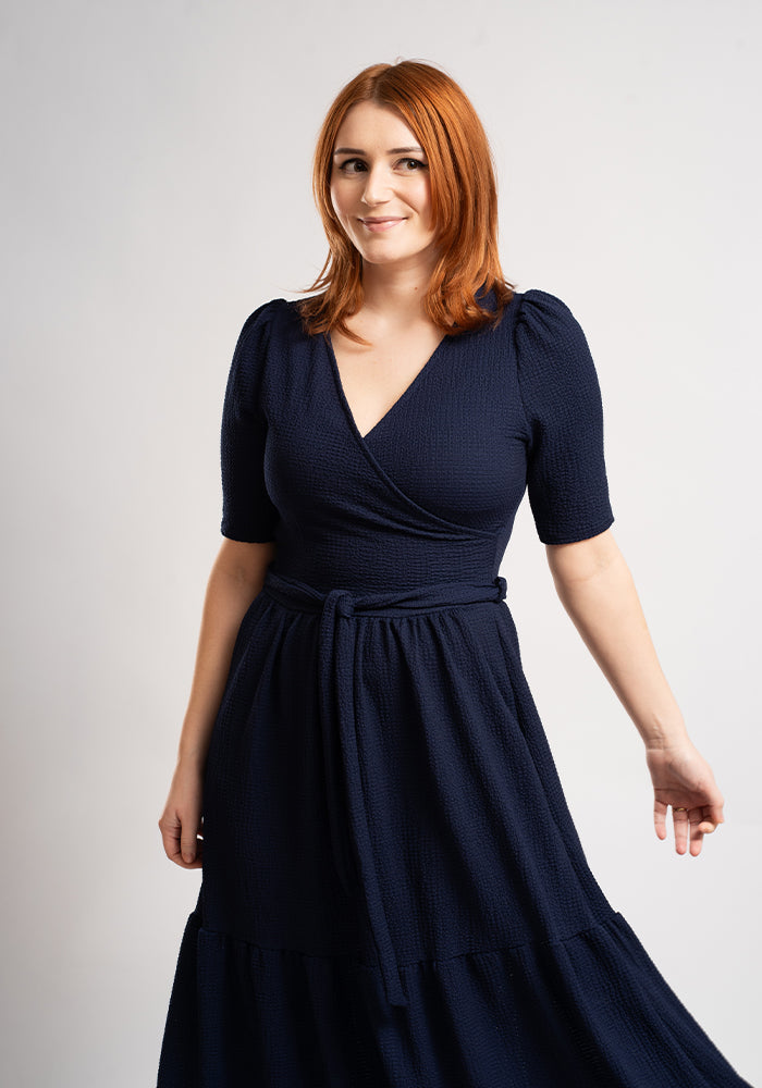 Miles Plain Navy Crinkle Tiered Hem Midaxi Dress