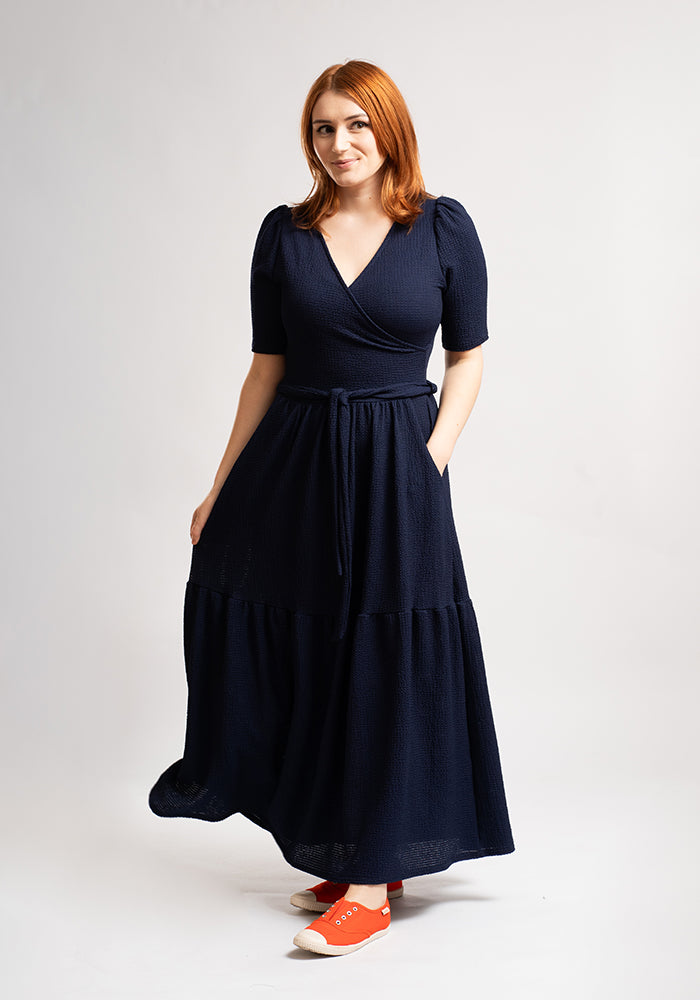 Miles Plain Navy Crinkle Tiered Hem Midaxi Dress