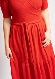 Miles Plain Red Crinkle Tiered Hem Midaxi Dress