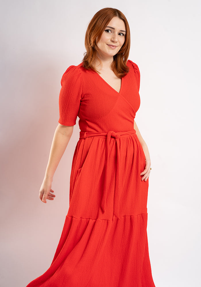 Miles Plain Red Crinkle Tiered Hem Midaxi Dress