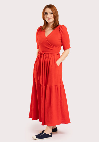 Miles Plain Red Crinkle Tiered Hem Midaxi Dress