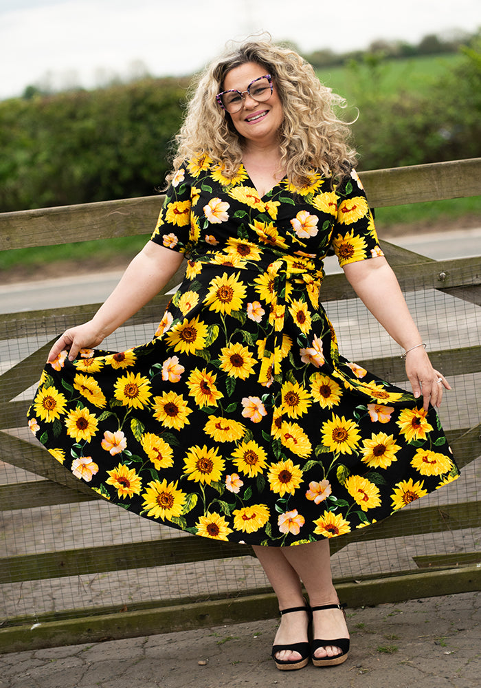 Philomena Black Sunflower Print Cotton Swing Dress