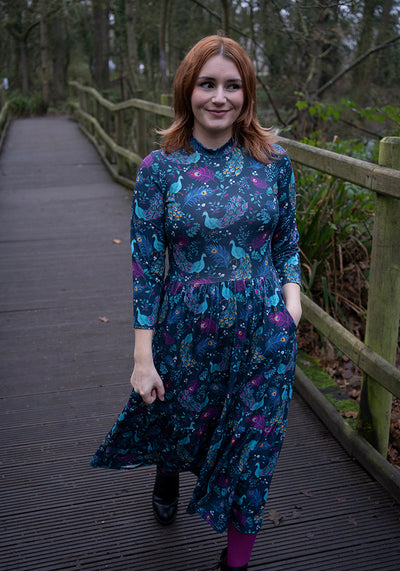 Rosalie Peacock Print Tiered Hem Midi Dress