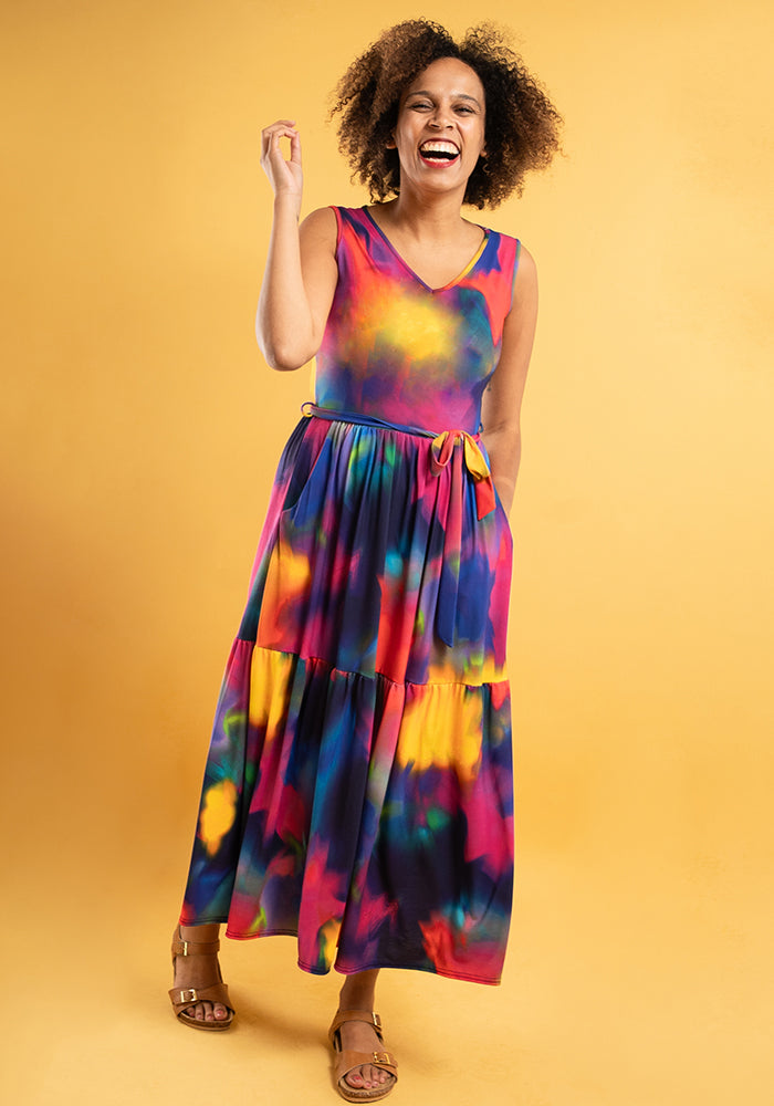 Roxana Rainbow Ink Print Tiered Hem Midaxi Dress