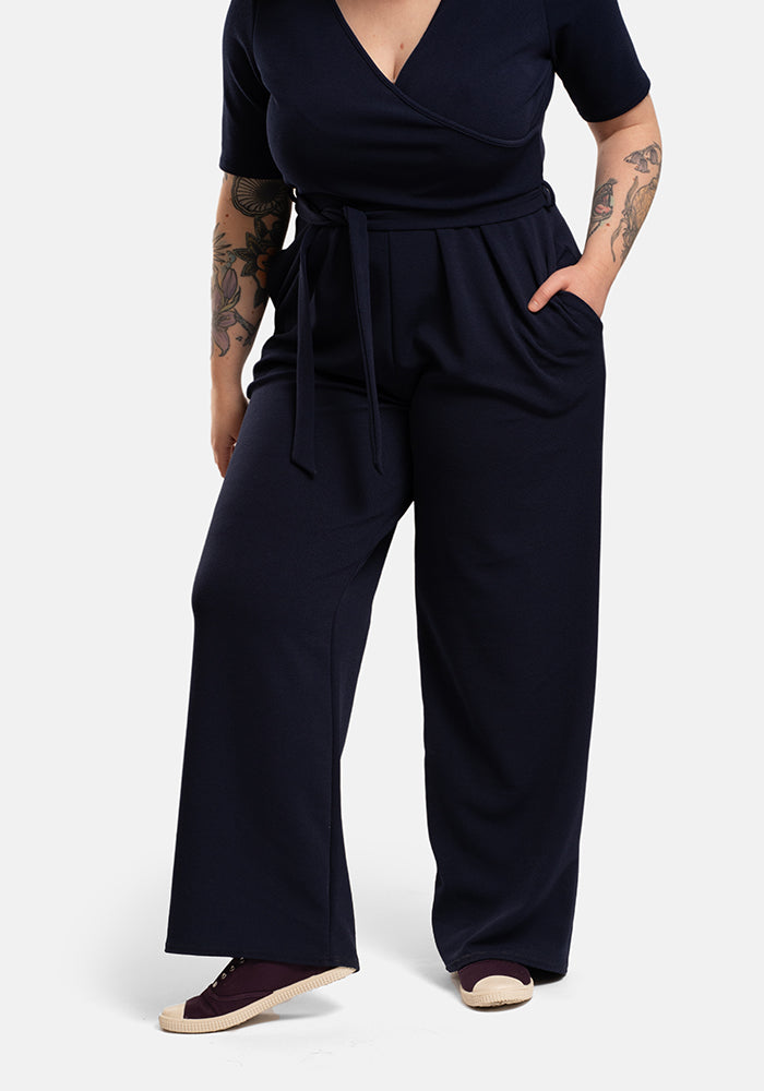 Sade Plain Navy Full Length Wide Leg Jumpsuit