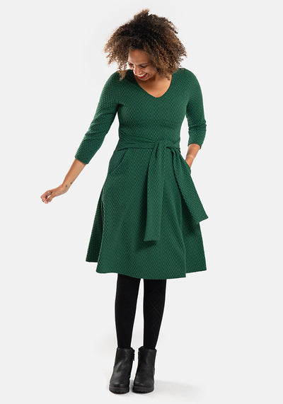 Sheena Green Textured Jacquard Tie Waist Dress