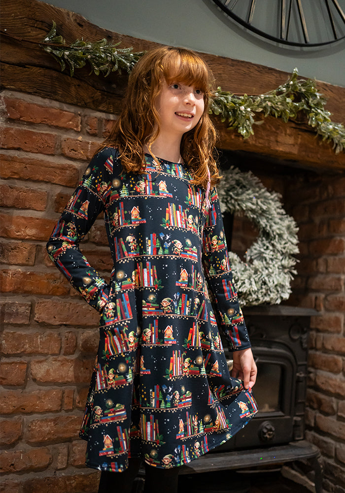 Children's Elf Bookshelf Print Dress (Cheery)