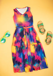Roxana Rainbow Ink Print Tiered Hem Midaxi Dress