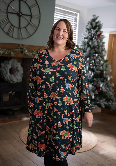 Santasaurus Green Gingerbread Dinosaur Print Dress