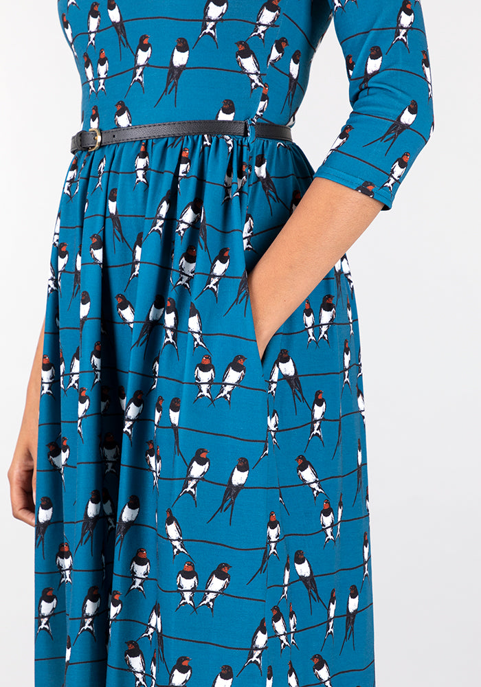 Yasmin Teal Swallow Print Dress